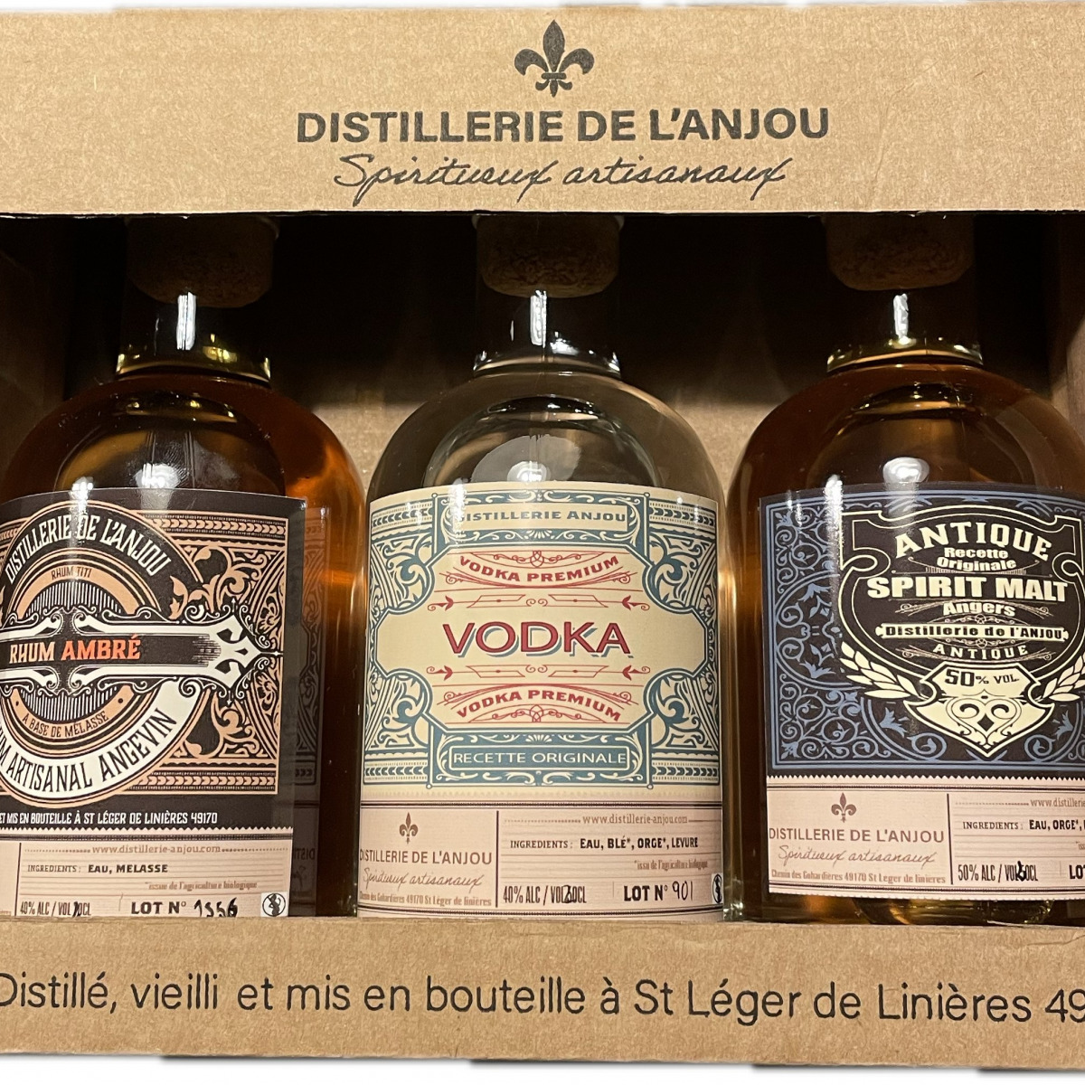 Coffret de dégustation 3 bouteilles 20cl – Rhum ambré + Vodka + Spirit Malt – Produit en Anjou – En direct de Distillerie de l’Anjou