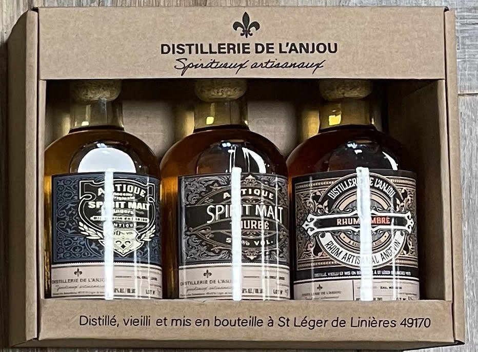 Coffret de dégustation 3 bouteilles 20cl – Spirit malt + Spirit malt tourbé + Rhum -Produit en Anjou – En direct de Distillerie de l’Anjou