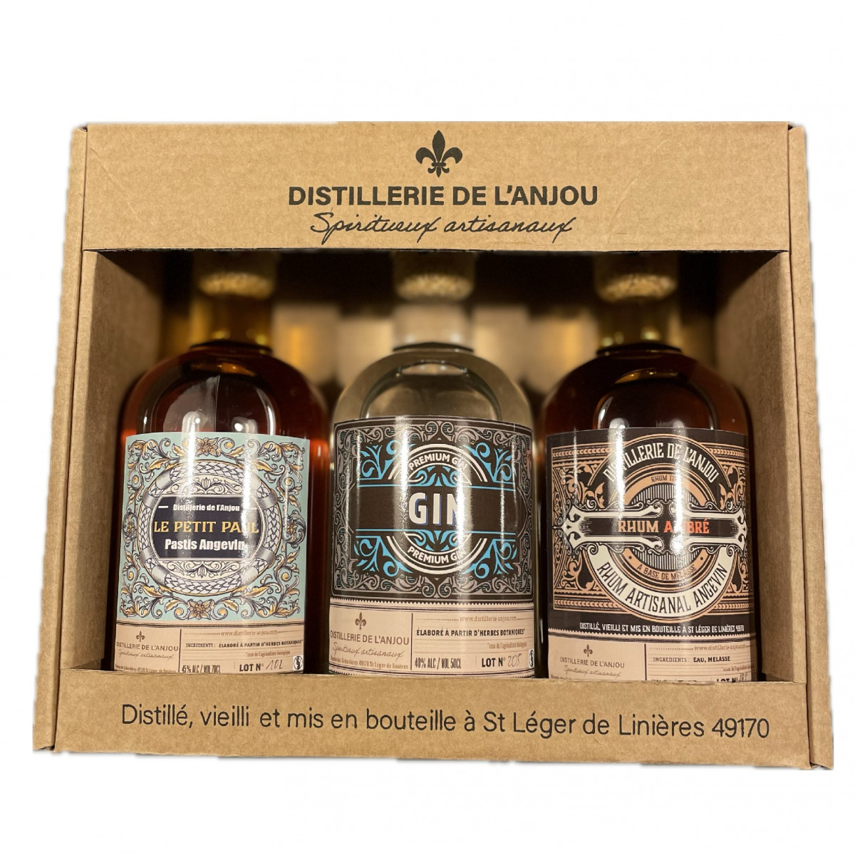 Coffret de dégustation 3 bouteilles 20cl – Pastis + Gin + Rhum + Produit en Anjou – En direct de Distillerie de l’Anjou (Maine-et-Loire)