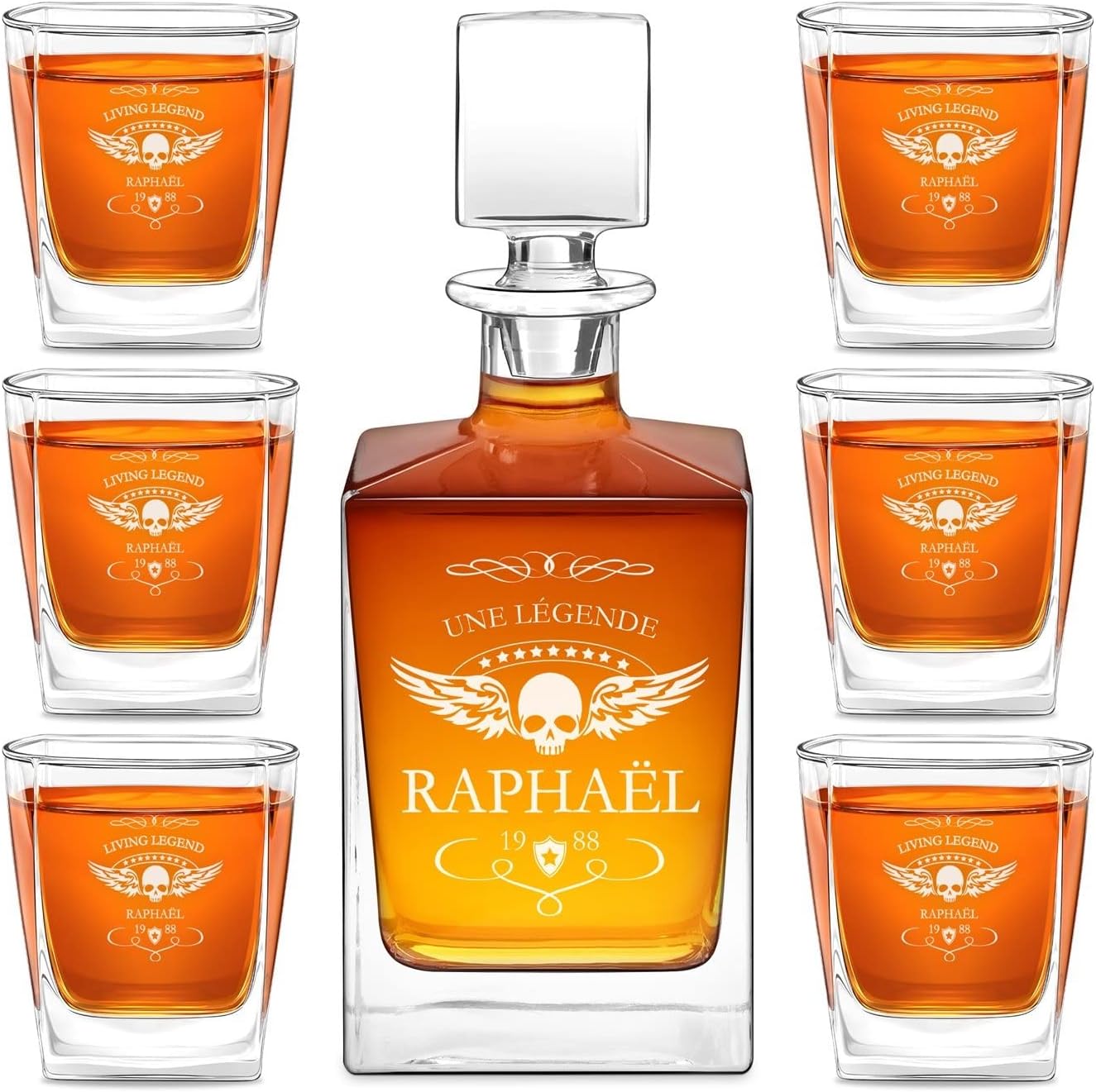 Maverton Set Whisky personnalisable – Ensemble de Carafe en verre de 810 ml et 2/4 / 6 verres de 250 ml pour lui – meilleur copain – Service Whiskey pour papa – Cadeau anniversaire homme – Légende