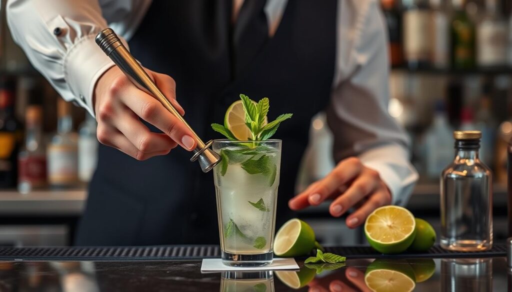 Barman préparant un mojito avec différentes techniques