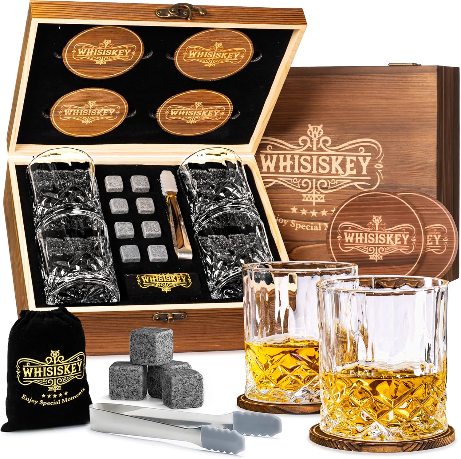 Coffret Whisky Homme : 4 Verres 310ML, 8 Pierres, 4 Sous-Verres – WHISISKEY Cadeau et Accessoires