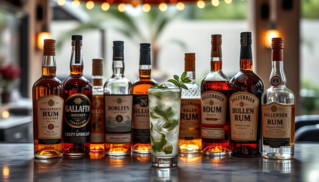 Collection de rhums pour mojito avec un cocktail préparé