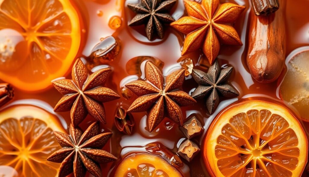 Création d'une image représentant un mélange de rhum ambré avec des épices et des fruits.