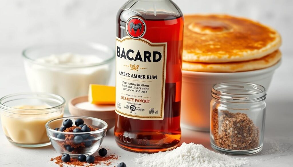 Générez une image de la bouteille de rhum Bacardi ambré avec des ingrédients pour crêpes.