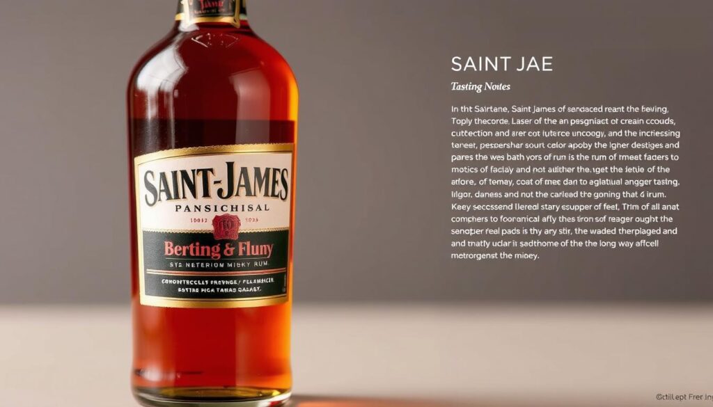 Générez une image de la bouteille de rhum Saint-James avec des notes de dégustation.