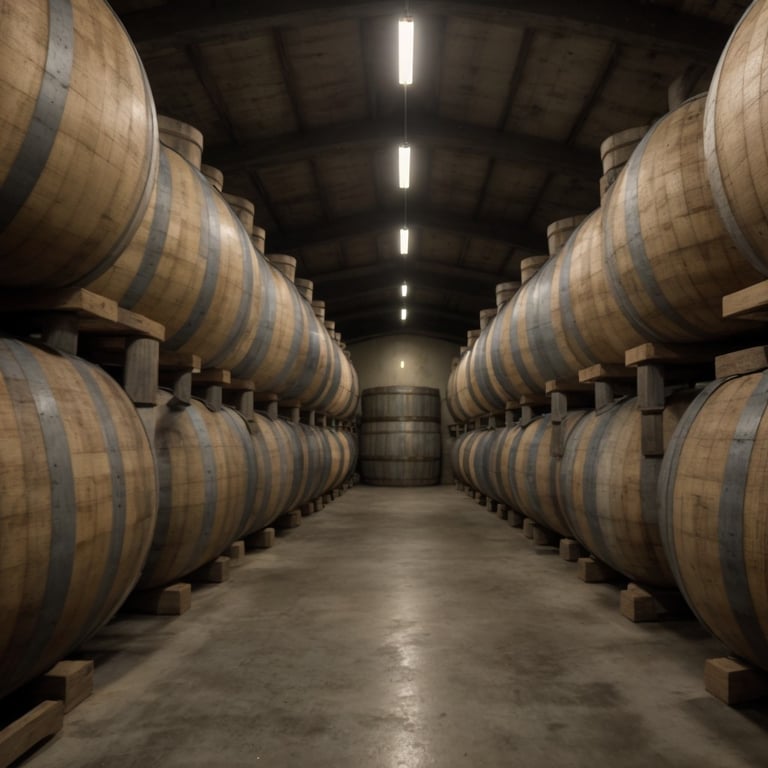 Allée centrale entre deux rangées de grands fûts de chêne dans une cave d'affinage.